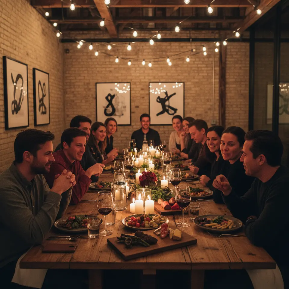 A transformed urban venue hosting a secret supper club: a candlelit communal table set for 10–20 guests beneath hanging string lights, minimalist art pieces on the walls, seasonal multi-course dishes plated on rustic wooden boards, and guests engaging in conversation, evoking an intimate industrial-chic dining atmosphere.