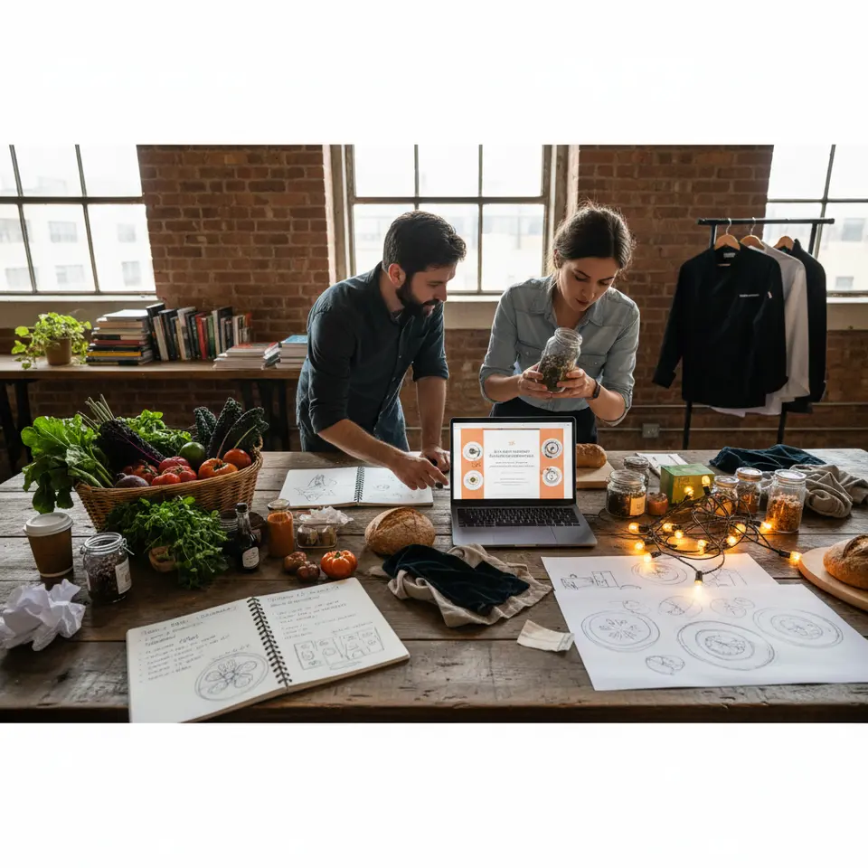 Behind-the-scenes planning for launching a secret urban supper club: a chef’s workspace with open notebooks detailing a themed menu, baskets of fresh produce and artisanal ingredients, a laptop screen showing a private event invite, swatches of table linens and string lights laid out, plus sketches of plated courses and seating layouts on a large table.