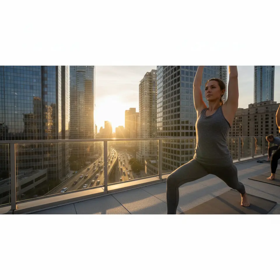 Sunrise Yoga on an Urban Rooftop: A person in Warrior I pose on a yoga mat at dawn, high above a bustling cityscape with the first golden rays of sun peeking between skyscrapers