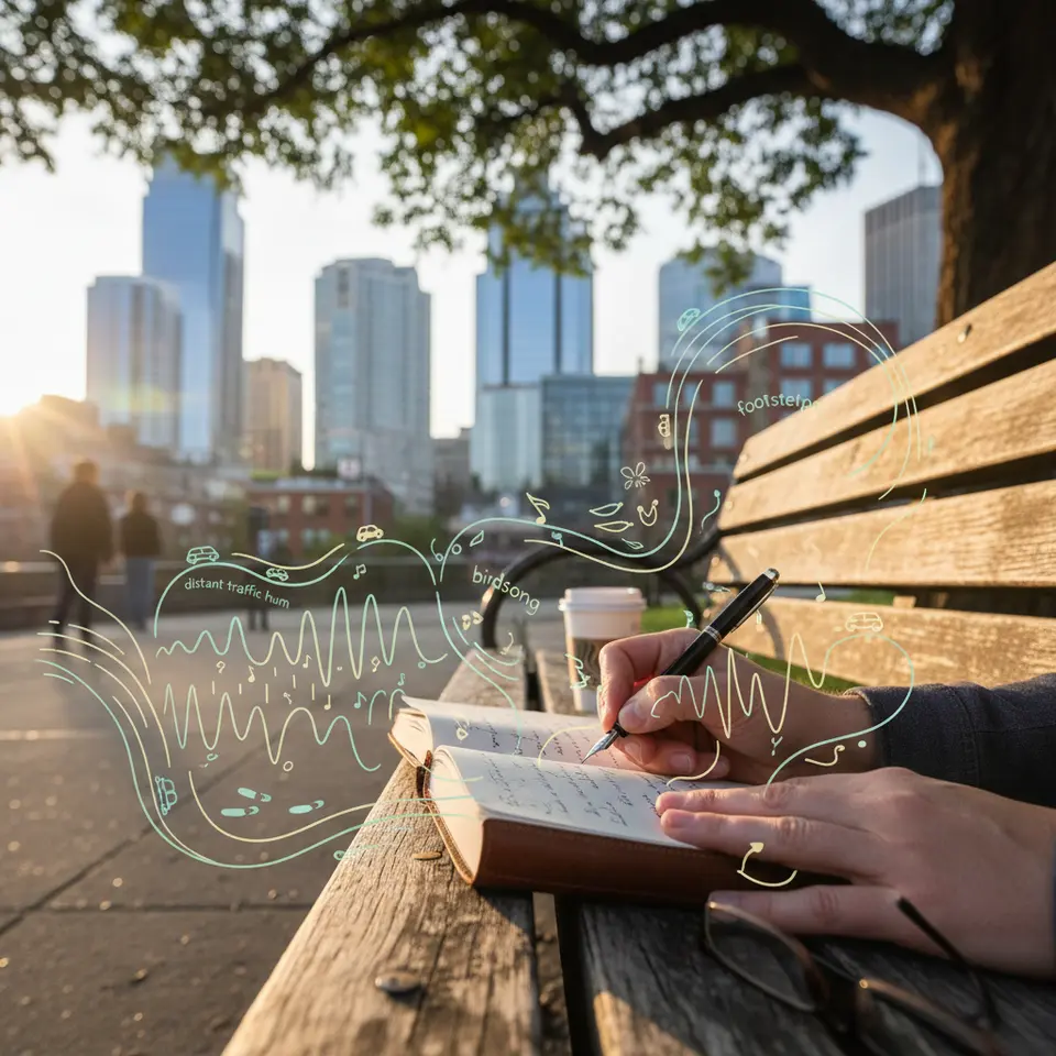 City Soundscape Journaling by Morning Light: A close-up of hands writing in a journal on a park bench, surrounded by illustrated sound waves of distant traffic hum, birdsong, and footsteps, with an urban skyline in soft focus