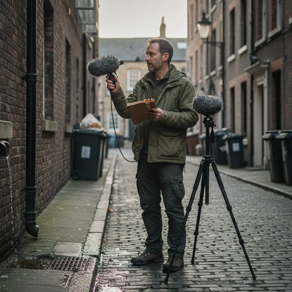 A field recordist standing in a quiet urban alley at dawn, holding a stereo recorder and shotgun mic, tripod set up nearby, capturing dripping water, distant footsteps on cobblestones and soft birdcalls, with a small notebook showing location, time and weather annotations.