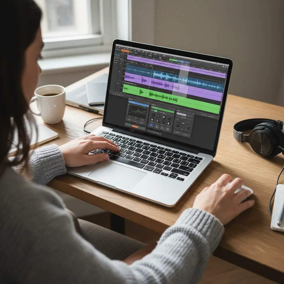 An overhead view of a digital audio workstation on a laptop screen displaying multiple layered waveforms—low-frequency traffic hum, mid-range café chatter, high-frequency wind chimes—complete with visible EQ curves, reverb and delay plugin interfaces, and smooth crossfade regions, hands poised over the keyboard and mouse.