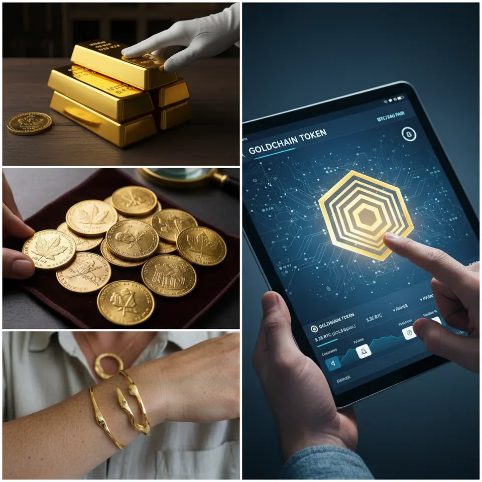Different Forms of Physical and Digital Gold: a split‐view collage featuring shiny gold bullion bars, government-minted coins, artisan jewelry pieces and a stylized blockchain token on a digital interface