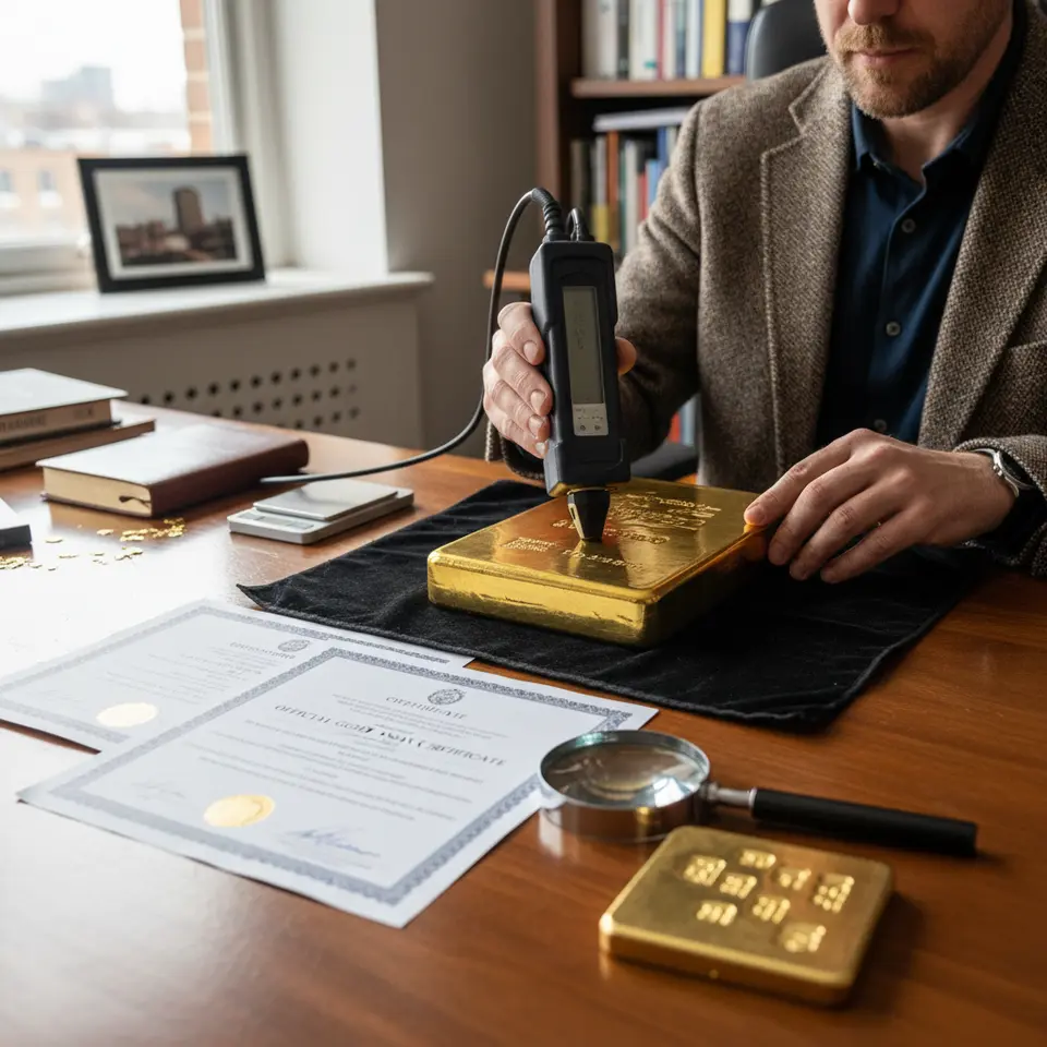 Ensuring Purity and Legitimacy: a close-up scene of a portable XRF analyzer scanning a gold bar next to official assay certificates, hallmarks and a grader’s loupe