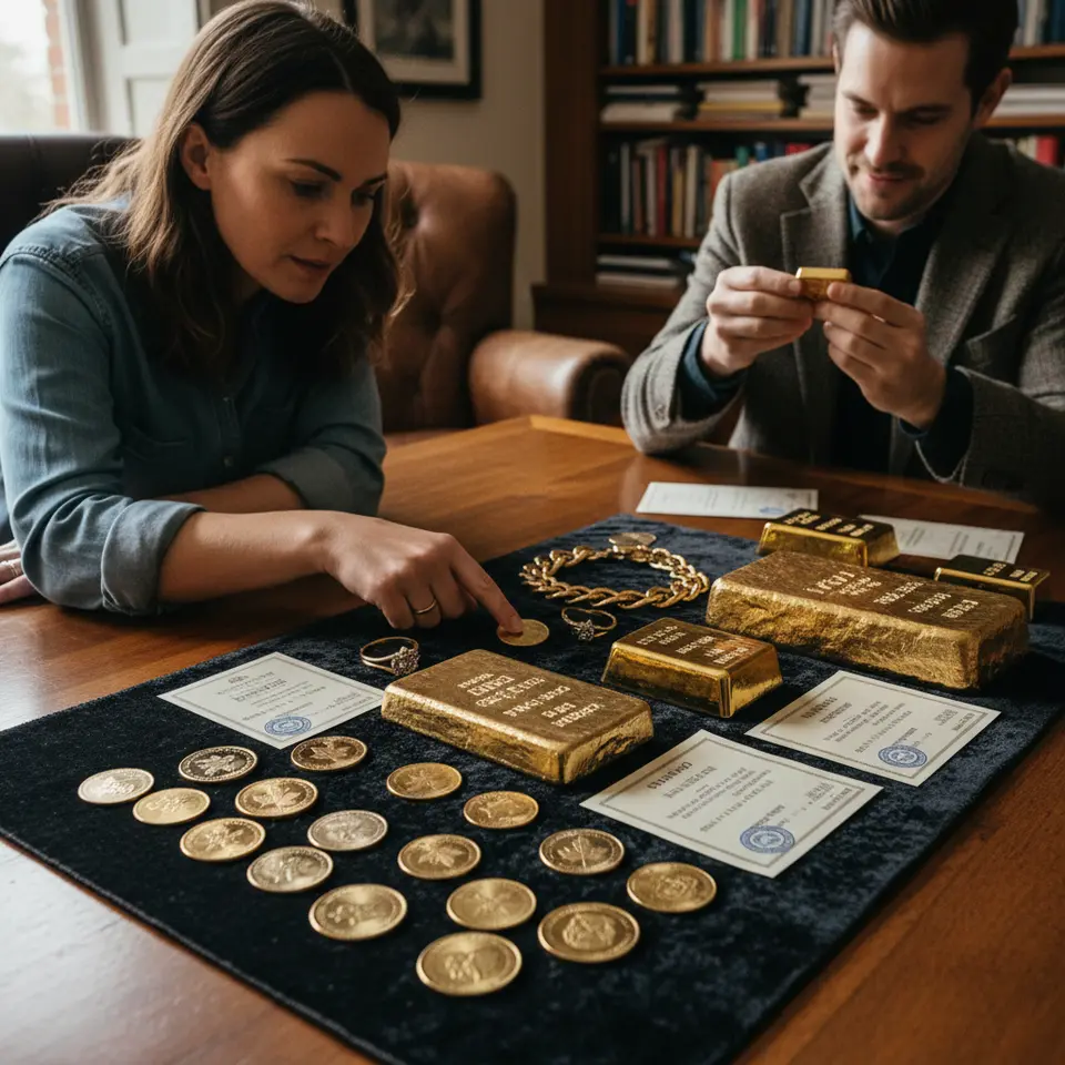 A close-up arrangement of physical gold investment forms: sovereign gold coins (e.g., American Gold Eagle, Canadian Maple Leaf) alongside cast bars of varying sizes (1 g to 1 kg) and a few high-end jewelry pieces, all displaying visible hallmark stamps and assay certificates to highlight verification and premium differences.