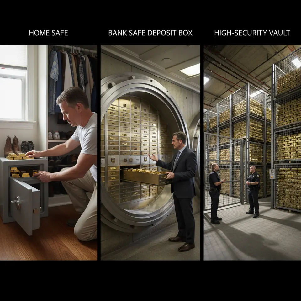 A three-panel comparison of storage solutions for bullion: a discreet home safe bolted to a floor, a bank’s safe deposit box behind open steel vault doors, and a professional high-security vault facility—each containing stacks of gold bars—to visually convey the trade-offs in accessibility, security, and cost.