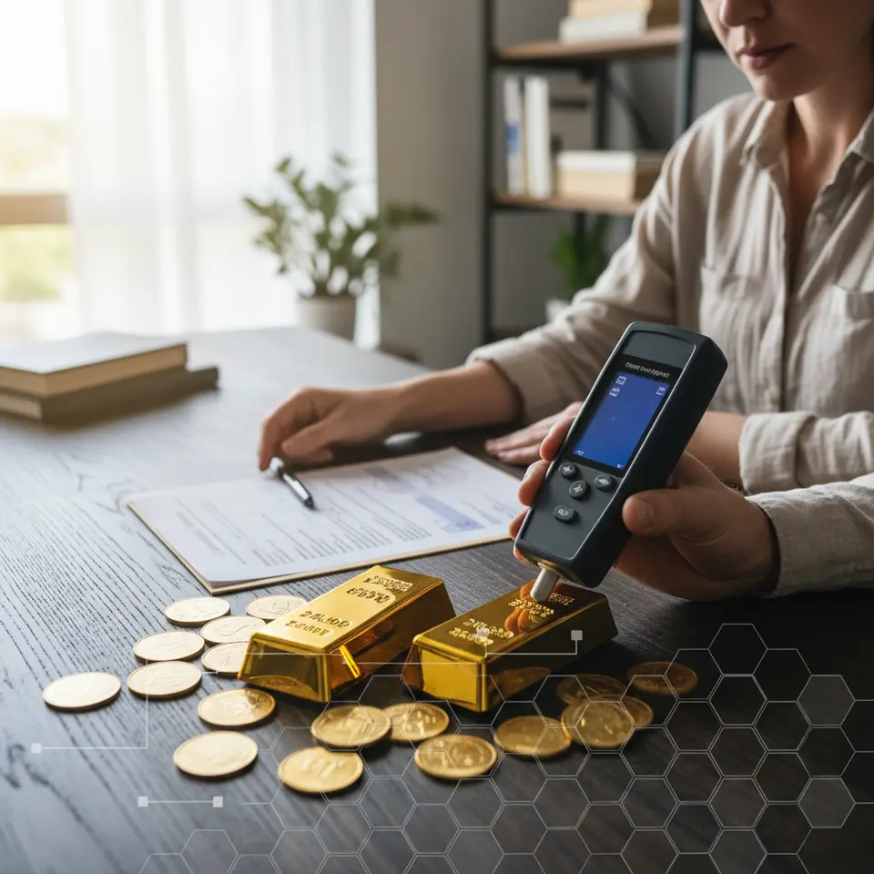 Close-up of gold bars and coins engraved with 24K/.9999 purity hallmarks next to an open certified assay report, an X-ray fluorescence (XRF) analyzer scanning a bar, and a subtle blockchain ledger graphic overlay to illustrate modern authenticity verification.