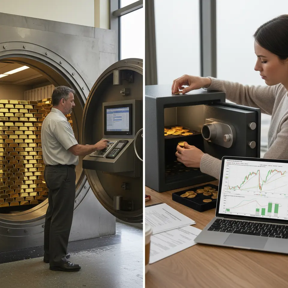 Split-scene showing two storage options: a high-security bank vault filled with stacked bullion bars, and a home safe with gold coins, alongside a digital dashboard displaying gold-backed ETF price charts and regulatory compliance documents to represent diversification and legal safeguards.