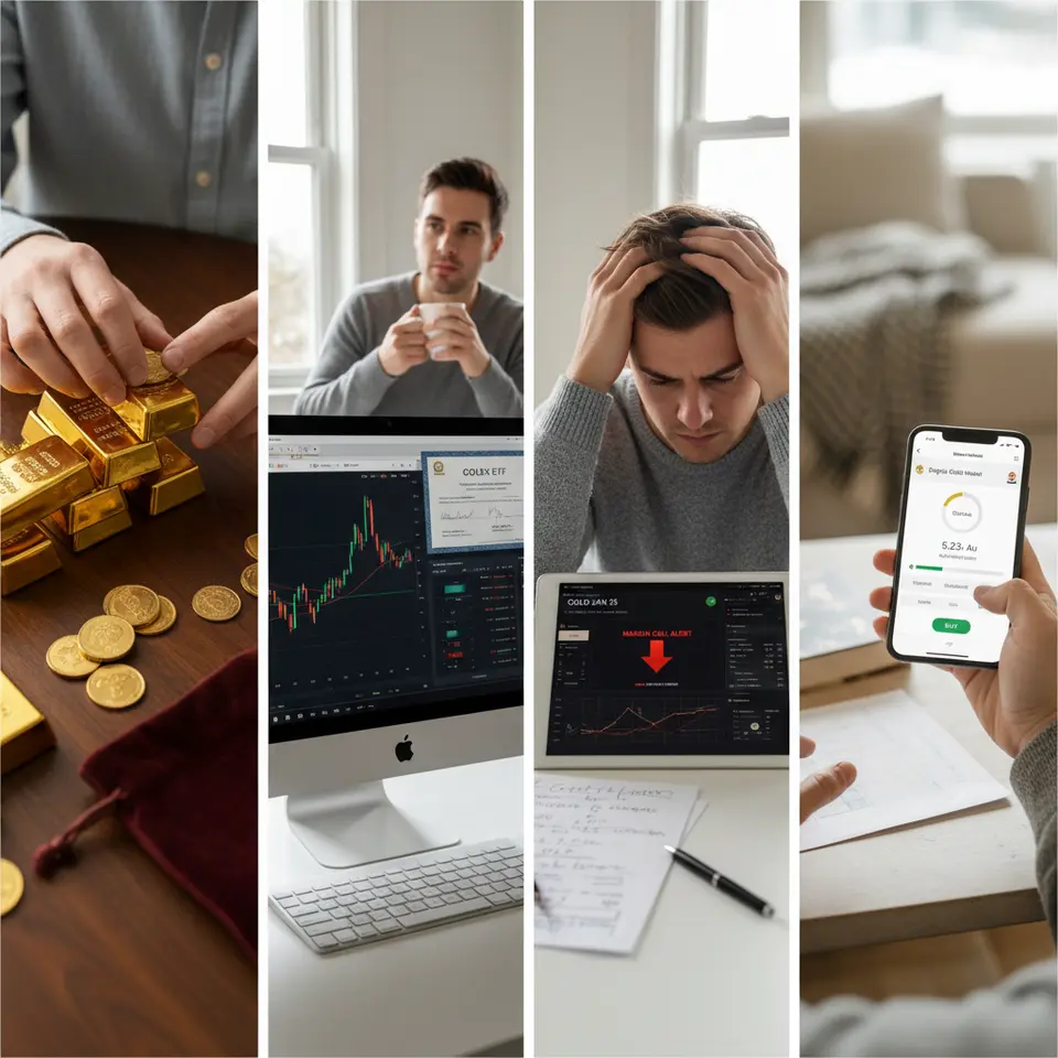 A comparative illustration of gold investment vehicles showing four distinct panels: one with stacked physical gold bars and minted coins, one with a stock chart and ETF share certificate on a computer screen, one displaying a futures/options contract and margin call alerts, and one featuring a smartphone app interface for digital gold ownership.
