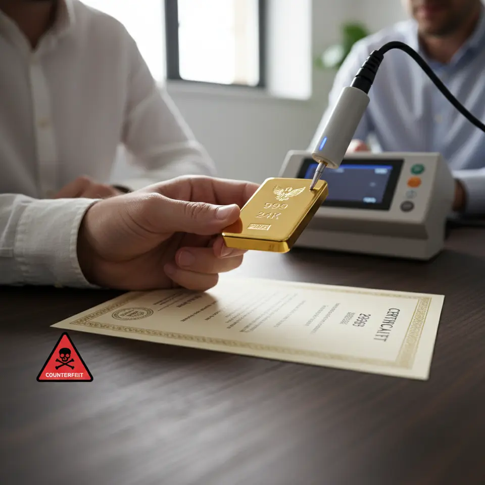 A close-up scene focused on verifying gold authenticity: a hand holding a stamped gold bar with visible hallmarks (e.g., “999”, “24K”), a certificate of authenticity beside it, an X-ray fluorescence (XRF) testing device scanning the bar, and a subtle warning icon indicating counterfeit risks.